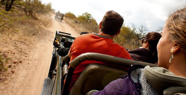 Tourists in 4x4 vehicles driving in Kruger National Park in South Africa